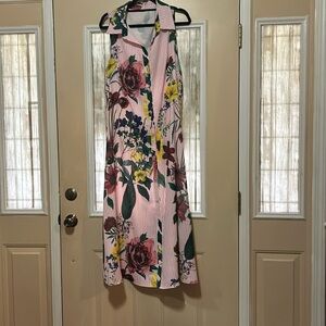 Pink striped floral shirt dress.